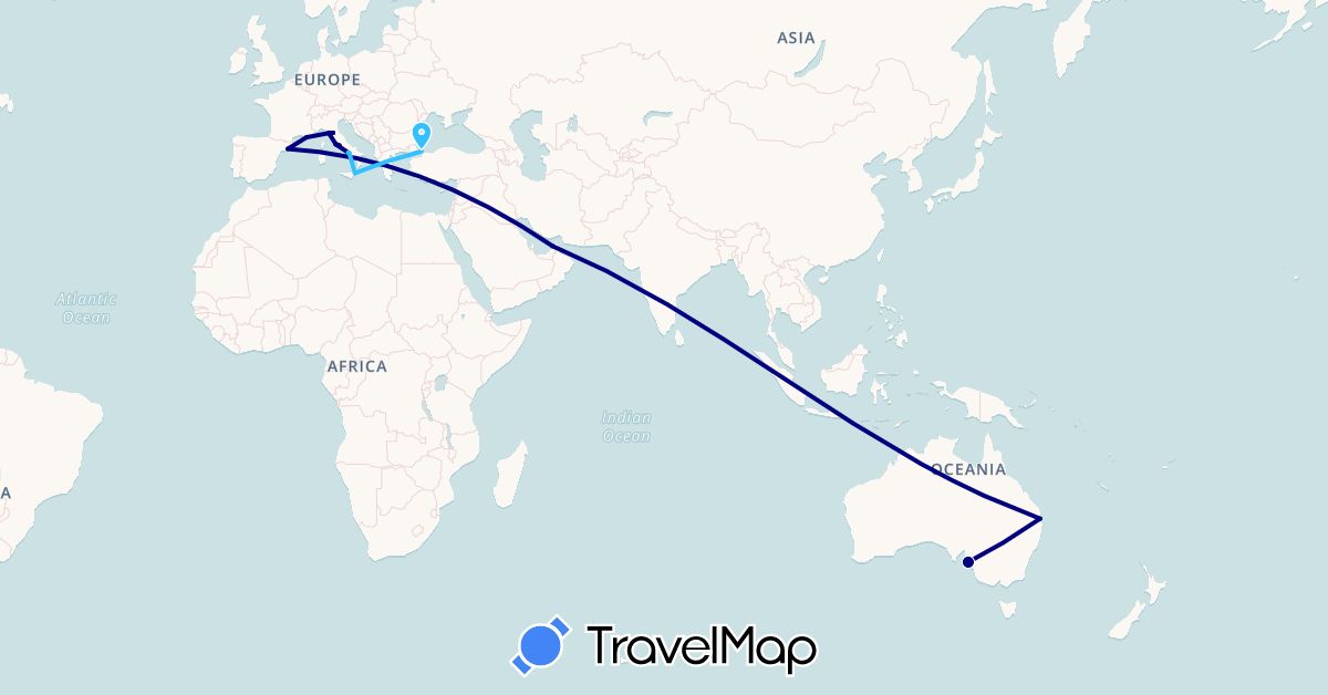 TravelMap itinerary: driving, boat in United Arab Emirates, Australia, Spain, France, Italy, Turkey (Asia, Europe, Oceania)